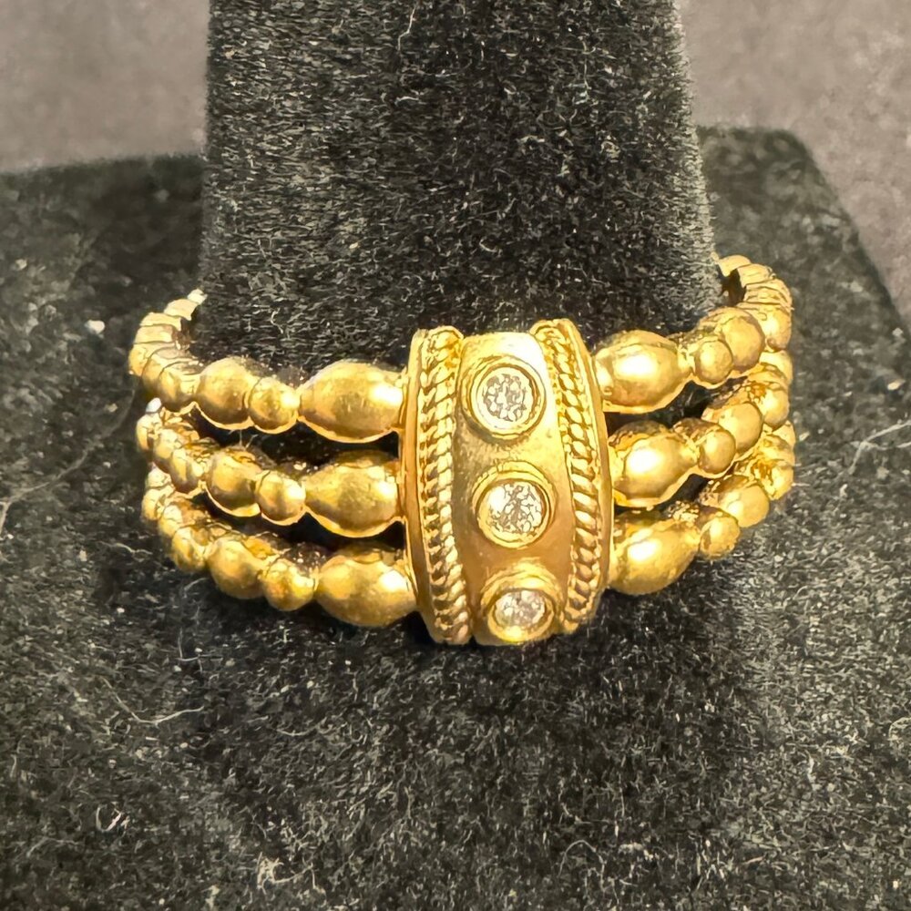 18K Yellow Gold Beaded Ring with Diamonds, Size 8.75